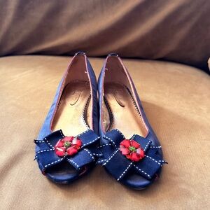 Poetic License Navy Heels with Red Floral Detail